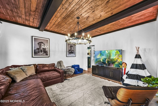 living room featuring wooden ceiling, wood finished floors, beam ceiling, and a notable chandelier