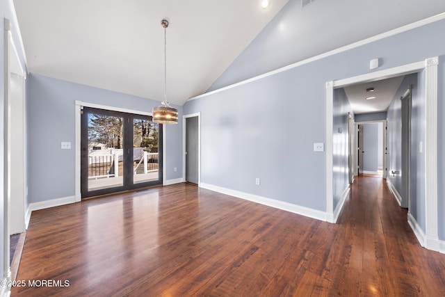 unfurnished room with high vaulted ceiling, dark wood-type flooring, french doors, and baseboards