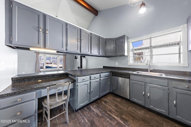 kitchen featuring dark countertops, gray cabinets, a sink, and stainless steel dishwasher