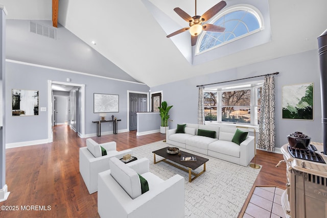 living room featuring visible vents, a ceiling fan, wood finished floors, high vaulted ceiling, and beam ceiling