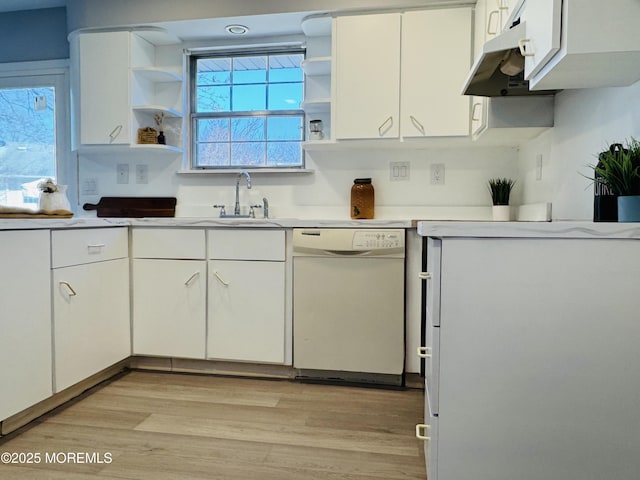 61B Hedge Dr, Lakewood, NJ 08701 - kitchen with light countertops, light wood-style floors, white dishwasher, white cabinetry, and open shelves