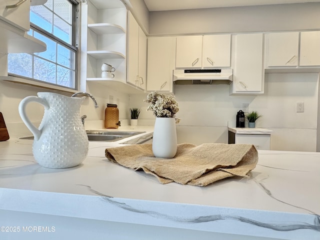 61B Hedge Dr, Lakewood, NJ 08701 - kitchen featuring under cabinet range hood, open shelves, a sink, white cabinets, and light countertops