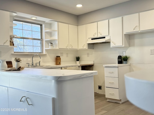 61B Hedge Dr, Lakewood, NJ 08701 - kitchen with open shelves, light wood-style flooring, a sink, under cabinet range hood, and white cabinetry