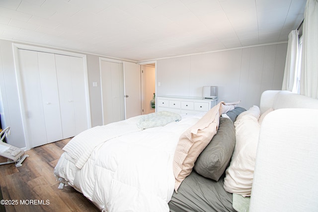 bedroom featuring wood finished floors and two closets