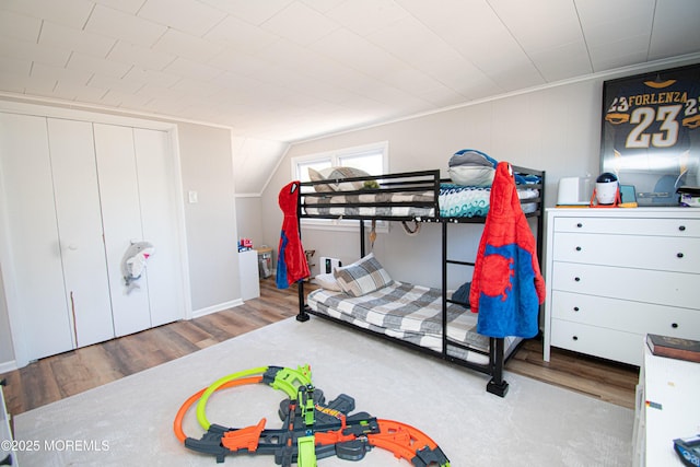 bedroom featuring vaulted ceiling and wood finished floors