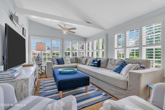 living room with wood finished floors, vaulted ceiling, and ceiling fan