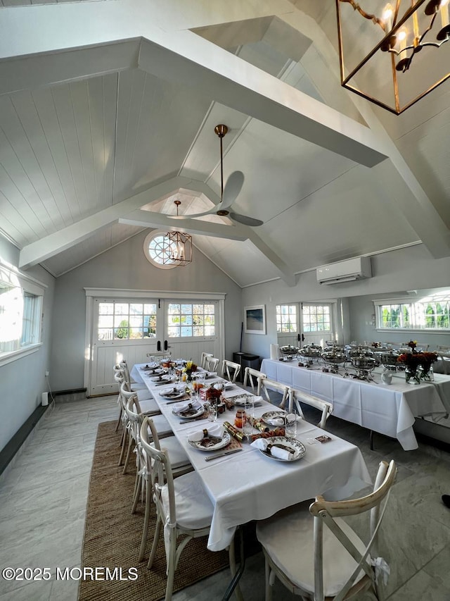 dining space with lofted ceiling with beams, a wall mounted air conditioner, and a ceiling fan