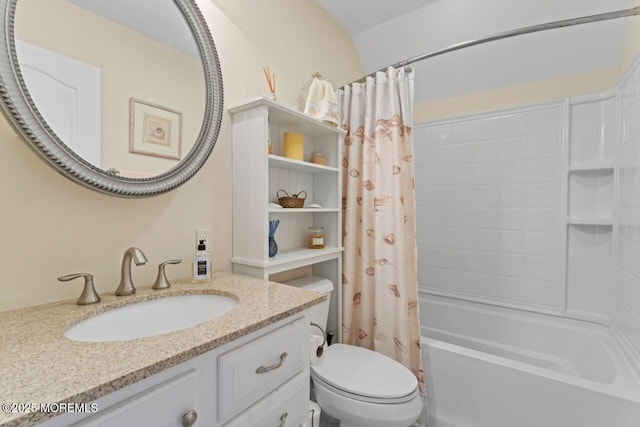 full bathroom featuring toilet, shower / bathtub combination with curtain, and vanity