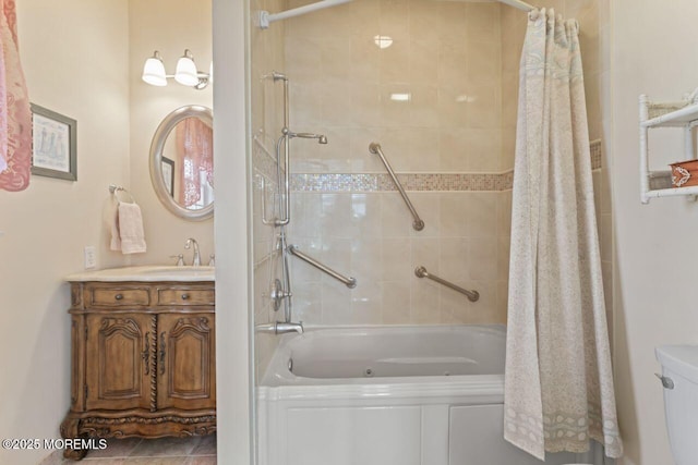 full bathroom featuring toilet, shower / tub combo with curtain, and vanity