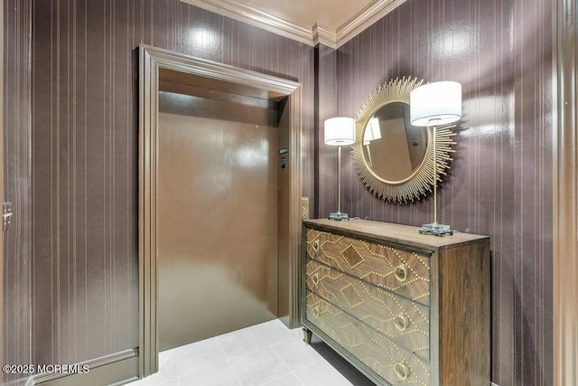 bathroom with tile patterned flooring and crown molding