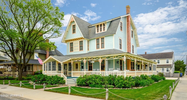 view of front facade with a shingled roof, a front lawn, and a gambrel roof