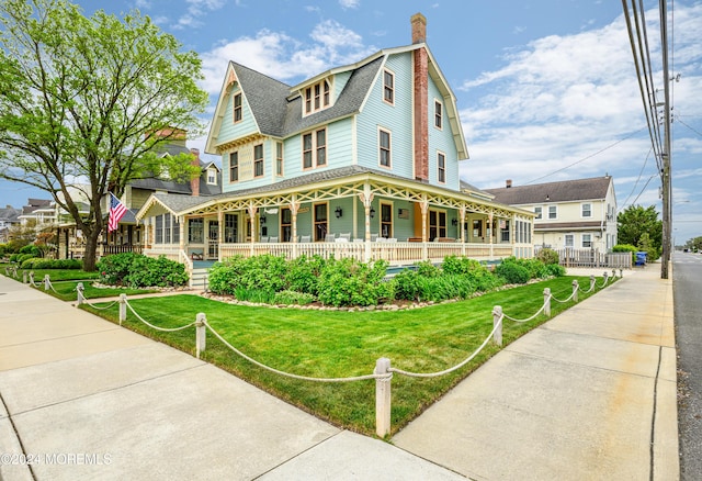 view of front of property featuring covered porch, a shingled roof, a front lawn, and a gambrel roof