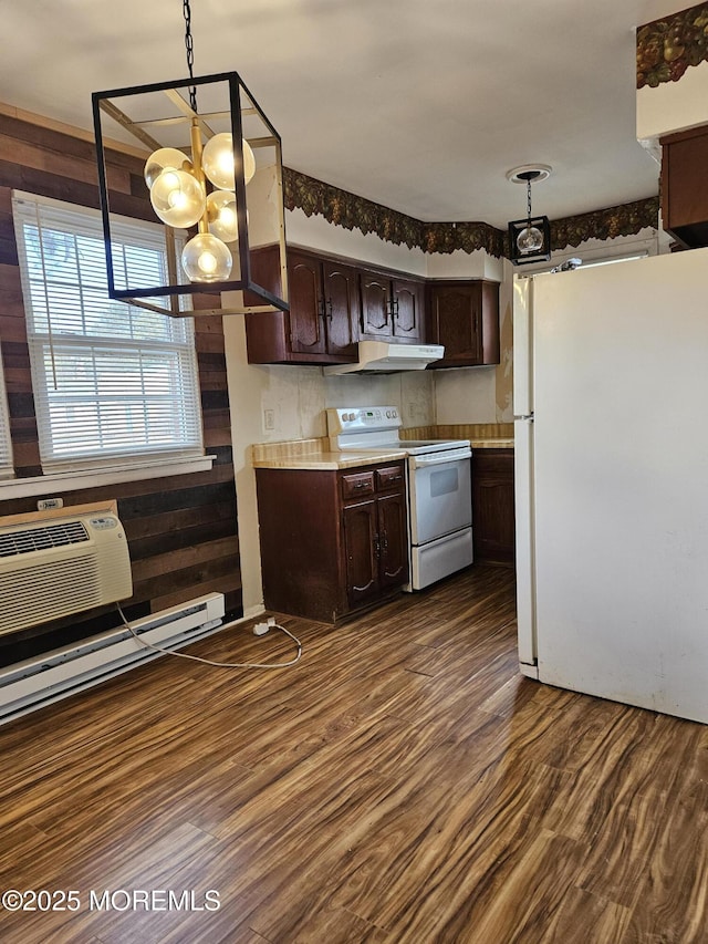 kitchen featuring dark brown cabinetry, white appliances, hanging light fixtures, light countertops, and under cabinet range hood