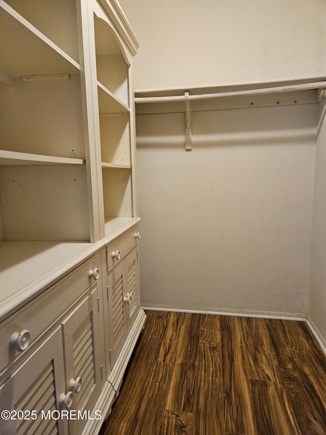 spacious closet with dark wood-style floors