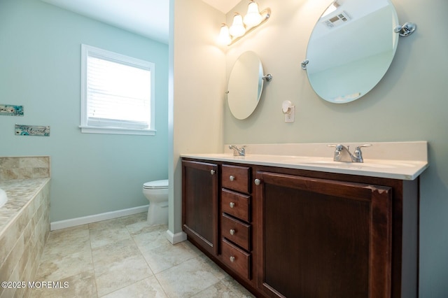 full bath with double vanity, visible vents, toilet, a sink, and baseboards