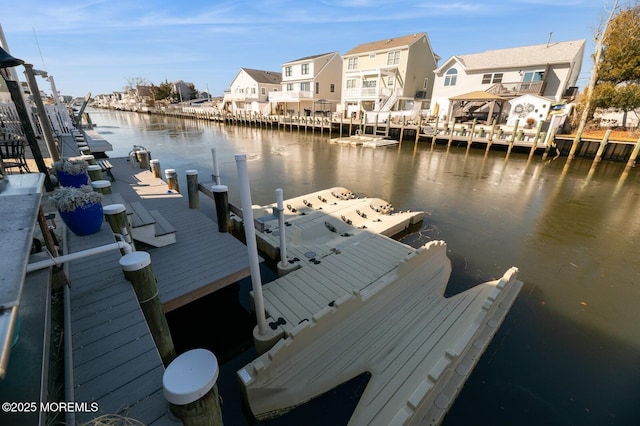 dock area featuring a water view and a residential view