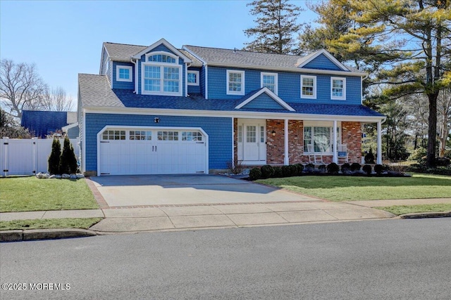 view of front of property featuring driveway, a gate, fence, and a front yard