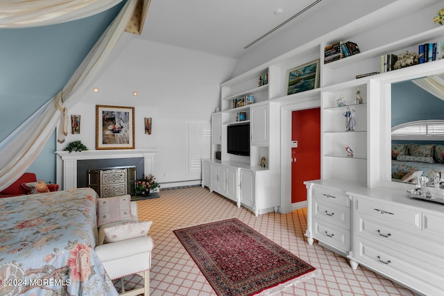 living area with a baseboard radiator, vaulted ceiling, and a fireplace