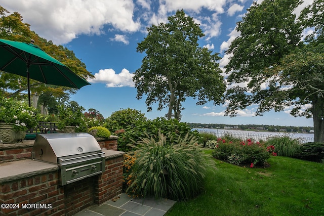 view of yard with an outdoor kitchen, fence, and a water view