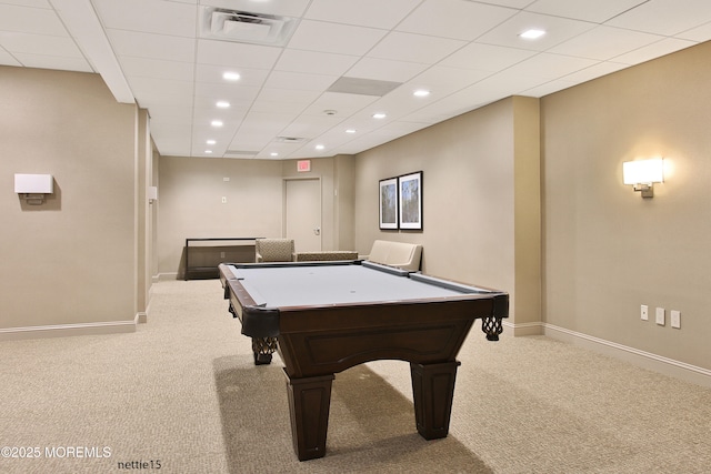 rec room with light colored carpet, visible vents, baseboards, and recessed lighting