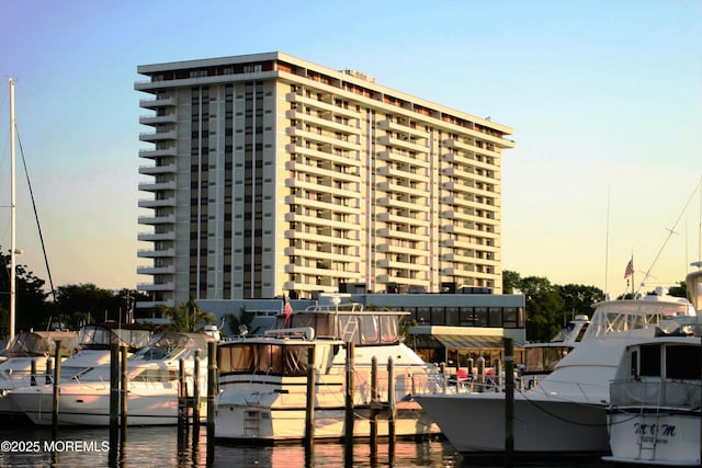 view of building exterior with a water view