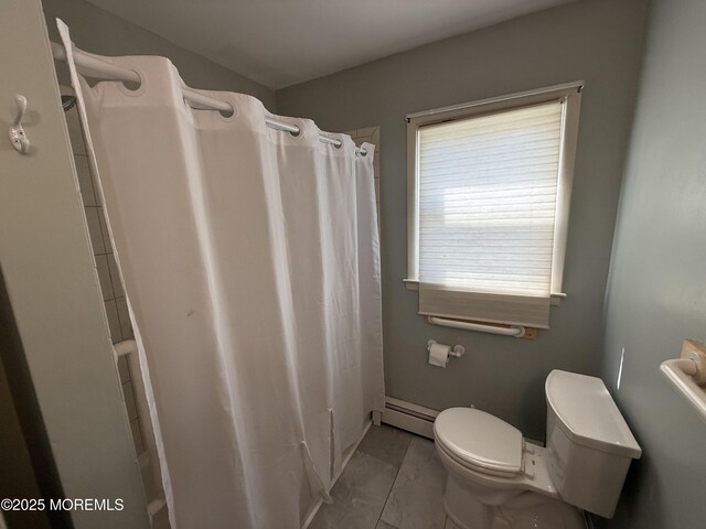 full bath featuring a baseboard radiator, toilet, and curtained shower