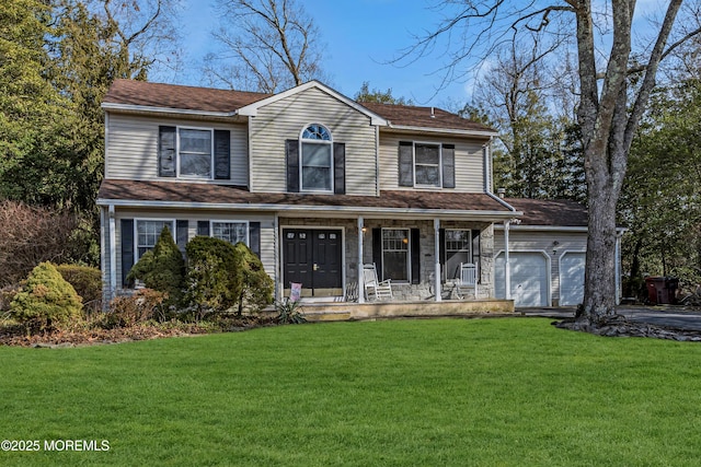 view of front of home featuring an attached garage, driveway, a porch, and a front yard