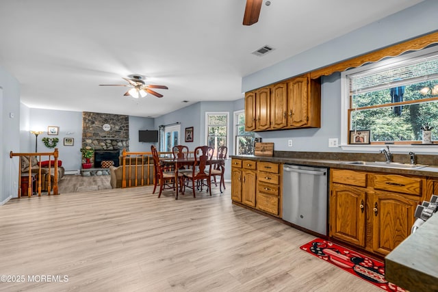 kitchen with dark countertops, visible vents, open floor plan, a sink, and dishwasher