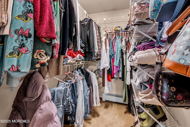 walk in closet with carpet floors and a baseboard radiator