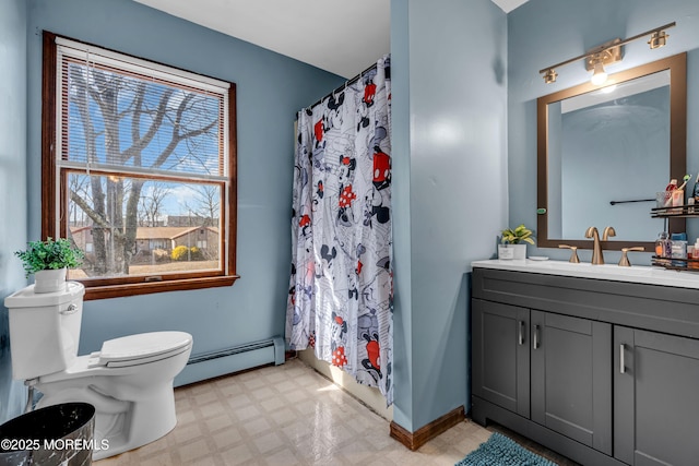 full bath featuring curtained shower, toilet, baseboard heating, vanity, and tile patterned floors