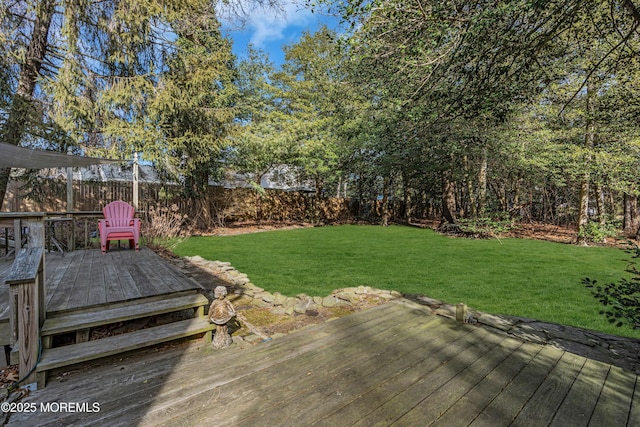 view of yard featuring fence and a wooden deck