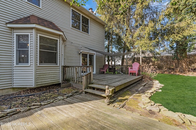 wooden deck featuring fence and a lawn