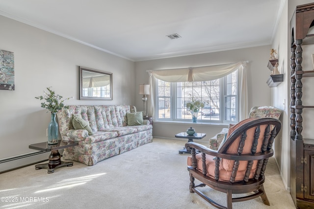 living room featuring light carpet, visible vents, and ornamental molding