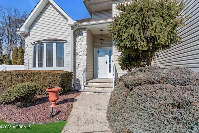 doorway to property featuring stone siding