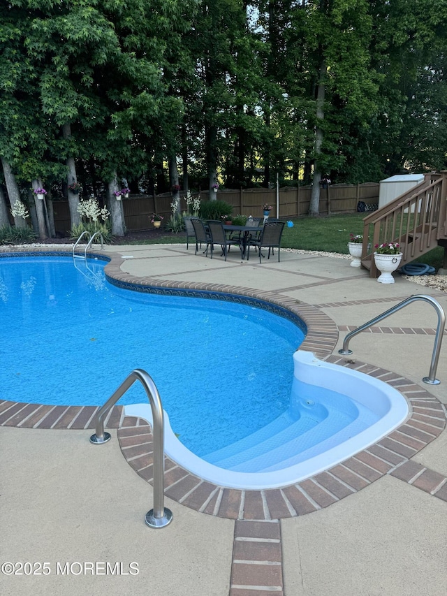 view of swimming pool with a fenced in pool, a fenced backyard, and a patio