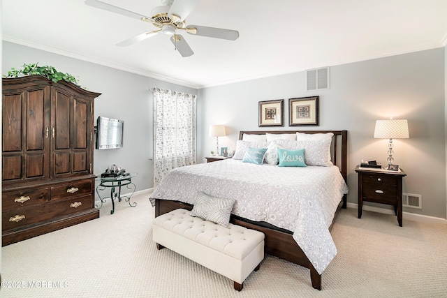 bedroom featuring baseboards, ornamental molding, and light colored carpet