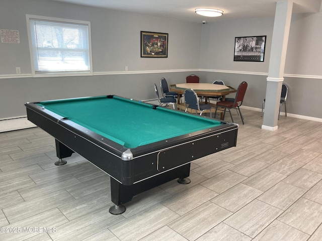 playroom with wood finish floors, billiards, and baseboards