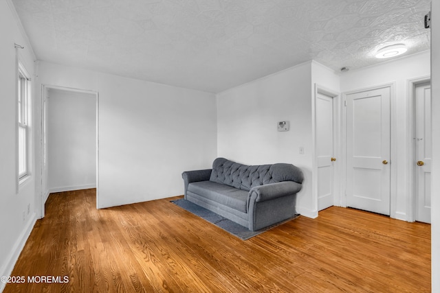 living area with a textured ceiling and light wood finished floors