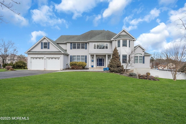 view of front of house featuring driveway, an attached garage, a front lawn, and fence