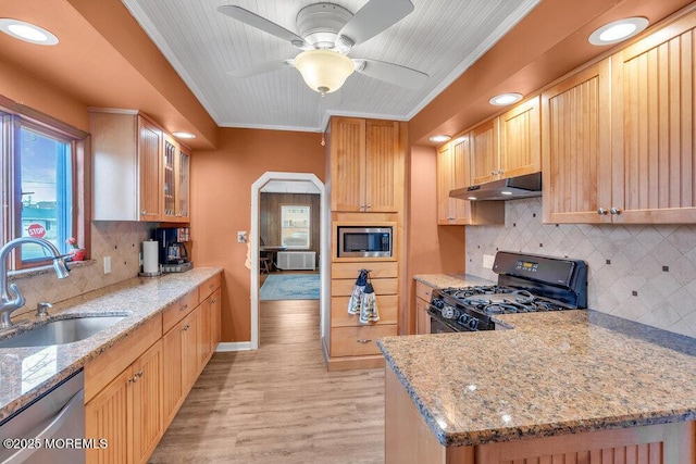 kitchen featuring ornamental molding, a sink, light stone counters, under cabinet range hood, and stainless steel appliances