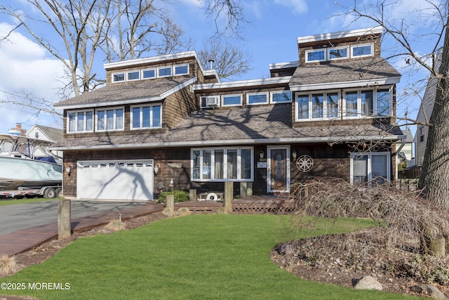 view of front of property with an attached garage, concrete driveway, and a front lawn