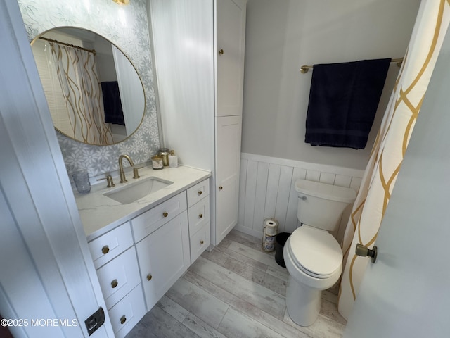 bathroom with toilet, a wainscoted wall, wood finished floors, and vanity