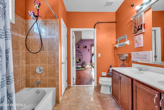 bathroom featuring tile patterned flooring, a sink, visible vents, double vanity, and shower / bath combo with shower curtain