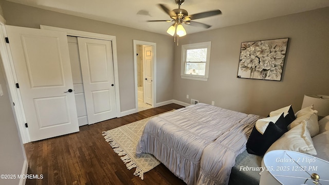 bedroom with baseboards, connected bathroom, ceiling fan, dark wood-style flooring, and a closet