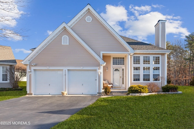 view of front of house featuring a garage, driveway, roof with shingles, a chimney, and a front yard