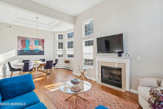 living area featuring a tray ceiling, wood finished floors, and a wealth of natural light