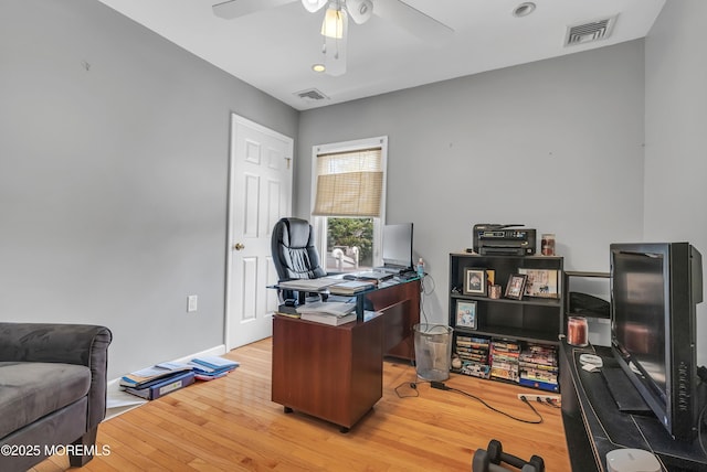 office area featuring baseboards, ceiling fan, visible vents, and wood finished floors