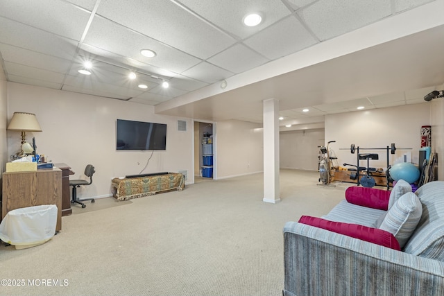 living room with a paneled ceiling, carpet flooring, baseboards, and recessed lighting