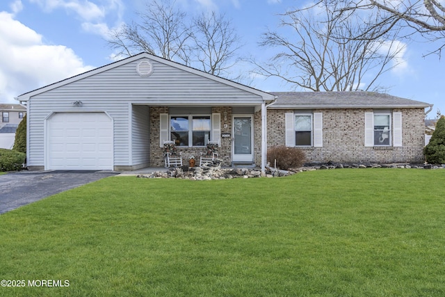 ranch-style house with driveway, a front lawn, an attached garage, and brick siding