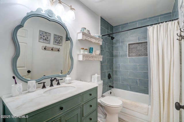 full bath featuring toilet, shower / bath combo with shower curtain, and vanity